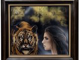 une peinture à l'huile représentant une femme et un tigre près d'une clôture