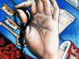 a painting of a hand holding a pair of scissors
