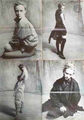 plusieurs photos en noir et blanc d'un homme assis par terre