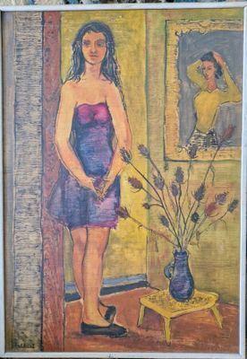 un tableau représentant une femme en robe violette à côté d'un vase de fleurs