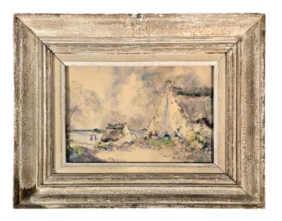 an old painting of a castle in the middle of a field