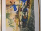 painting of blue flowers in a gold frame hanging on a wall