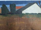 painting of a white house in a field with trees in the background