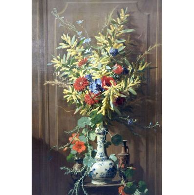 une peinture de fleurs dans un vase sur une table