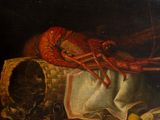 a painting of a lobster on a table next to a basket of clams