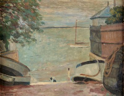un tableau représentant des bateaux au bord d'un lac