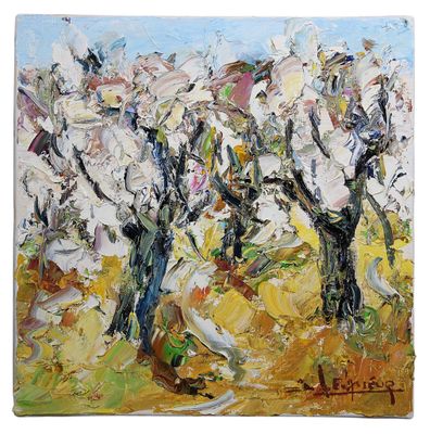 an oil painting of a group of trees in a field
