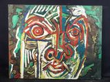 peinture représentant le visage d'un homme sur une surface noire, avec un fond noir
