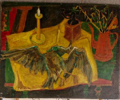 un tableau représentant un oiseau perché sur une table, à côté d'une bougie