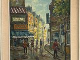 a painting of people walking down the street in the rain