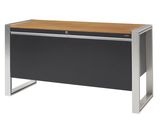 un bureau noir avec un plateau en bois et des pieds en métal