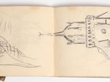 an open book with a drawing of a robot and a drawing of a man
