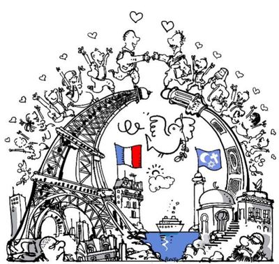 un dessin représentant la tour Eiffel à Paris, avec la tour Eiffel en arrière-plan