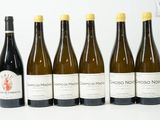six bouteilles de vin sont alignées sur une surface blanche