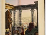 a painting of a view of a city with a statue in the foreground