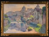 an image of a painting of a city with a river in the foreground