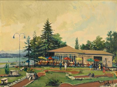 un tableau représentant un restaurant au bord d'un lac