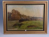 an oil painting of a river scene with a boat in the water