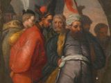un tableau représentant un groupe d'hommes debout les uns à côté des autres