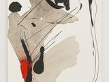 an image of a black and white painting with red paint on it