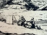 drawing of a man and a woman sitting on a beach next to a boat