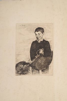 un dessin représentant un garçon avec un chien en laisse