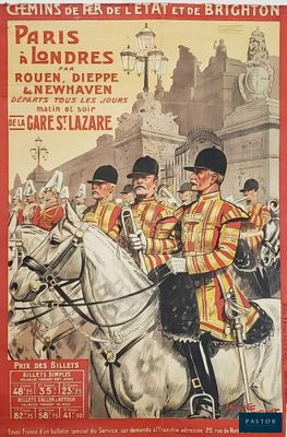 tableau représentant un groupe d'hommes en uniforme à cheval devant un bâtiment