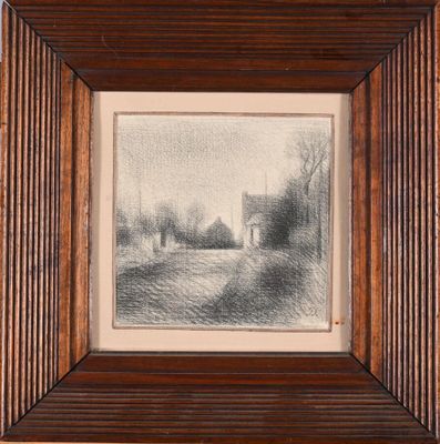 a pencil drawing of a farm scene in a wooden frame