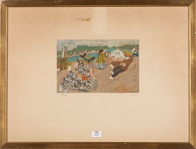 peinture d'un groupe de personnes assises sur une plage près d'un plan d'eau