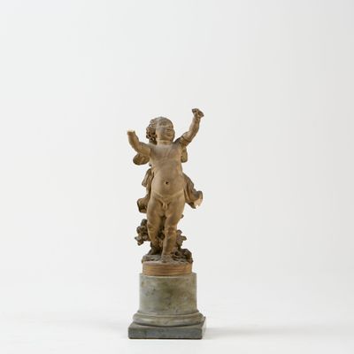an antique statue of a child on a pedestal on a white background