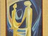 a painting of a man and a woman holding hands