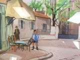 un tableau représentant un homme assis à une table à l'extérieur d'un restaurant