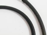a close up of a black leather cord with a silver hook