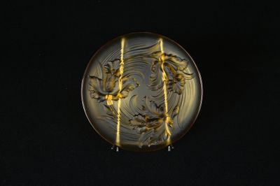 une plaque de verre ornée d'un motif, posée sur un fond noir