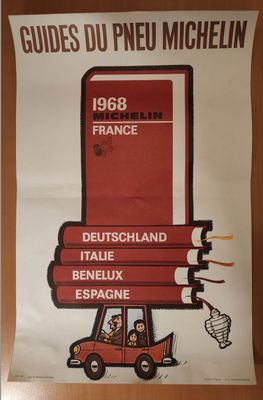 affiche représentant un camion rouge sur lequel est empilée une pile de livres