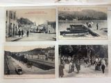 several old black and white photos of people and boats on a river