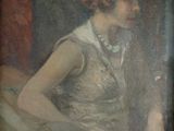 painting of a woman in a white dress sitting on a chair