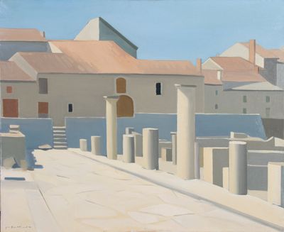a painting of a city with a boat in the water
