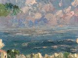 an oil painting of a beach scene with a lighthouse in the distance