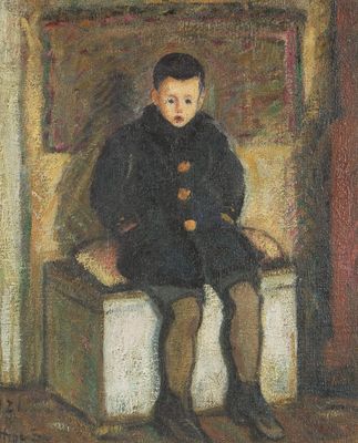 une peinture à l'huile représentant un garçon assis sur une chaise dans une pièce