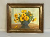 une peinture de tournesols dans un vase sur une table