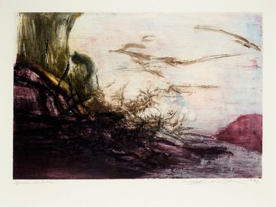 a drawing of a person sitting on a rock