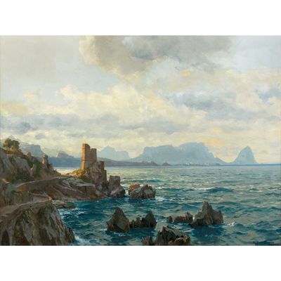 une image représentant une peinture d'une côte rocheuse avec un château au loin