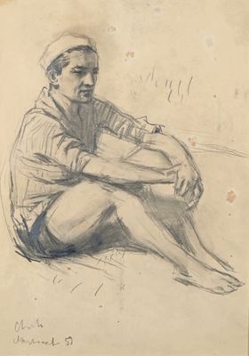 dessin représentant un homme assis par terre, les jambes croisées
