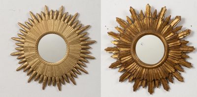 deux photos d'un miroir doré en forme de soleil rayonnant accroché au mur
