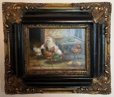 une photo d'un tableau représentant des poulets et des poulets dans une grange