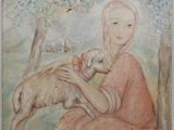 un tableau représentant une femme tenant un agneau devant un arbre