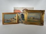 three framed paintings of a farm scene and a farm house