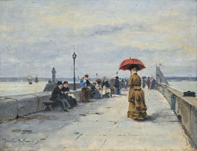 un tableau représentant une femme avec un parapluie rouge sur une jetée
