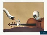 une photo d'un tableau représentant deux cygnes jouant de la guitare